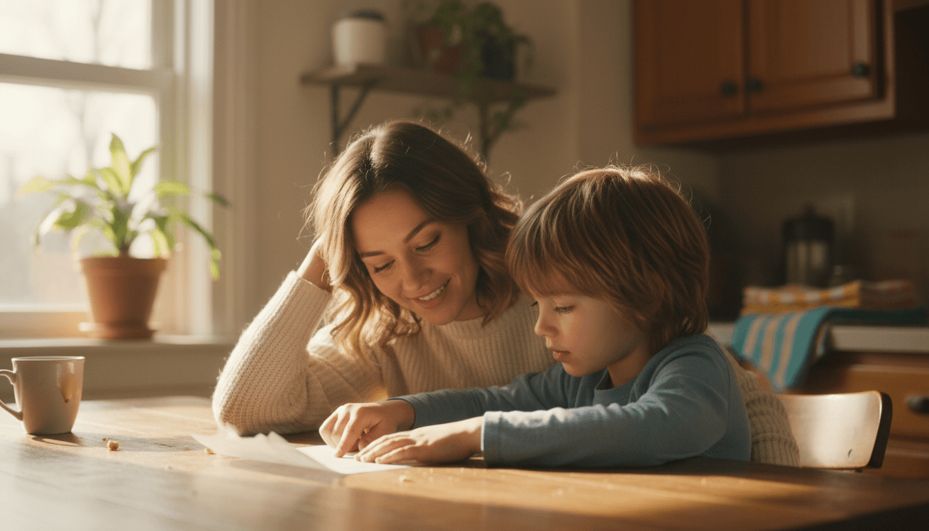 Parent and child sitting at a kitchen table reviewing a document together