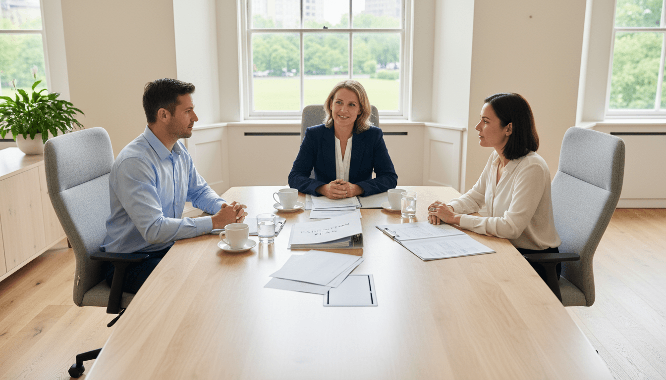 Parenting coordinator sitting with a couple at a table reviewing parenting plan documents