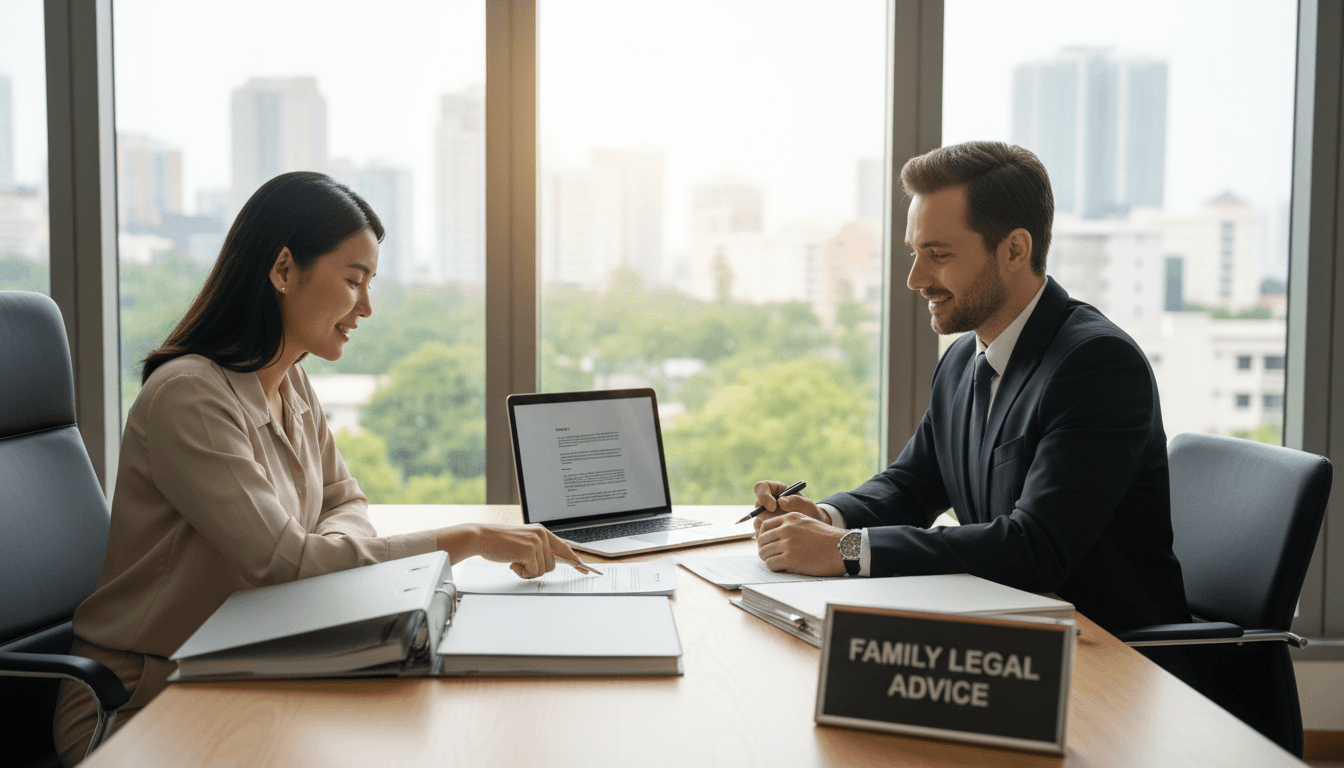 Parent and family law professional reviewing parenting coordination documents at a desk