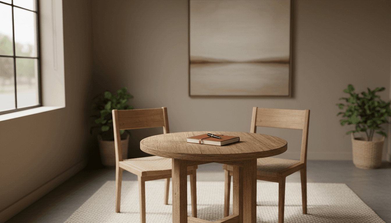 Peaceful consultation space with two chairs and a table, notebook and pen ready for a productive conversation