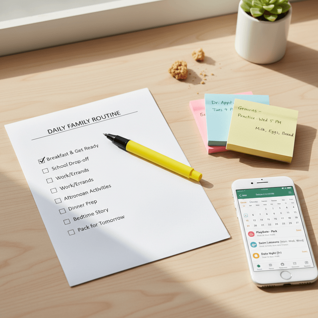 Flat lay of parenting coordination resources including checklists and a smartphone