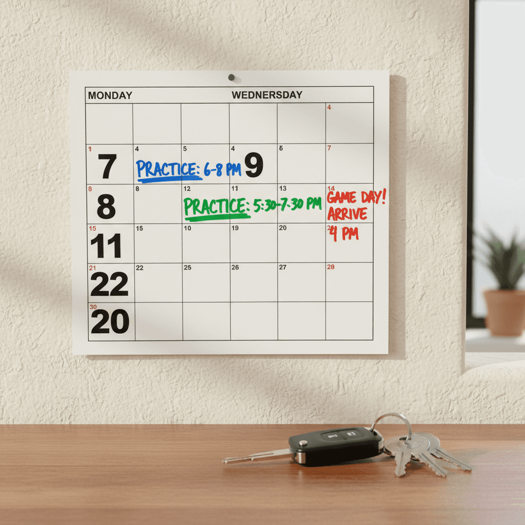 Wall calendar with sports practice times highlighted and car keys next to it