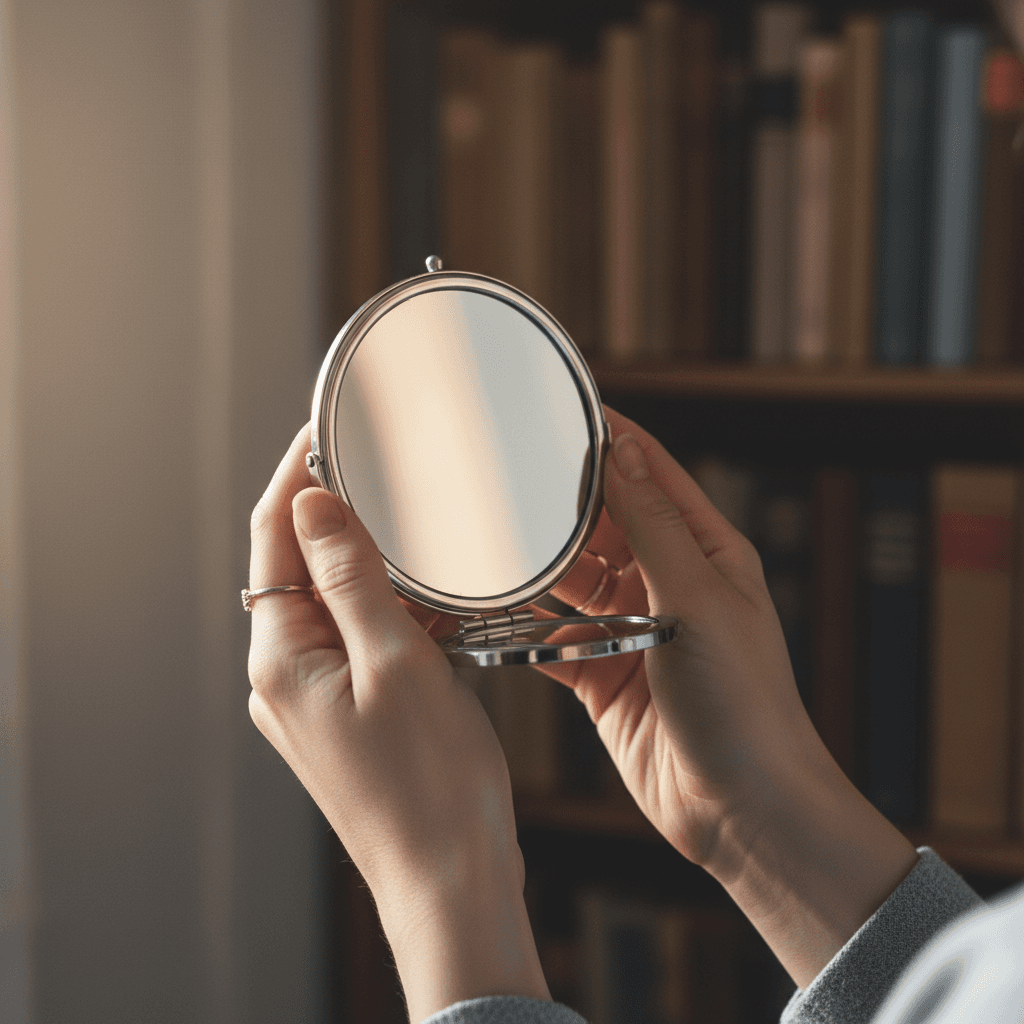 Person holding a mirror in a quiet room