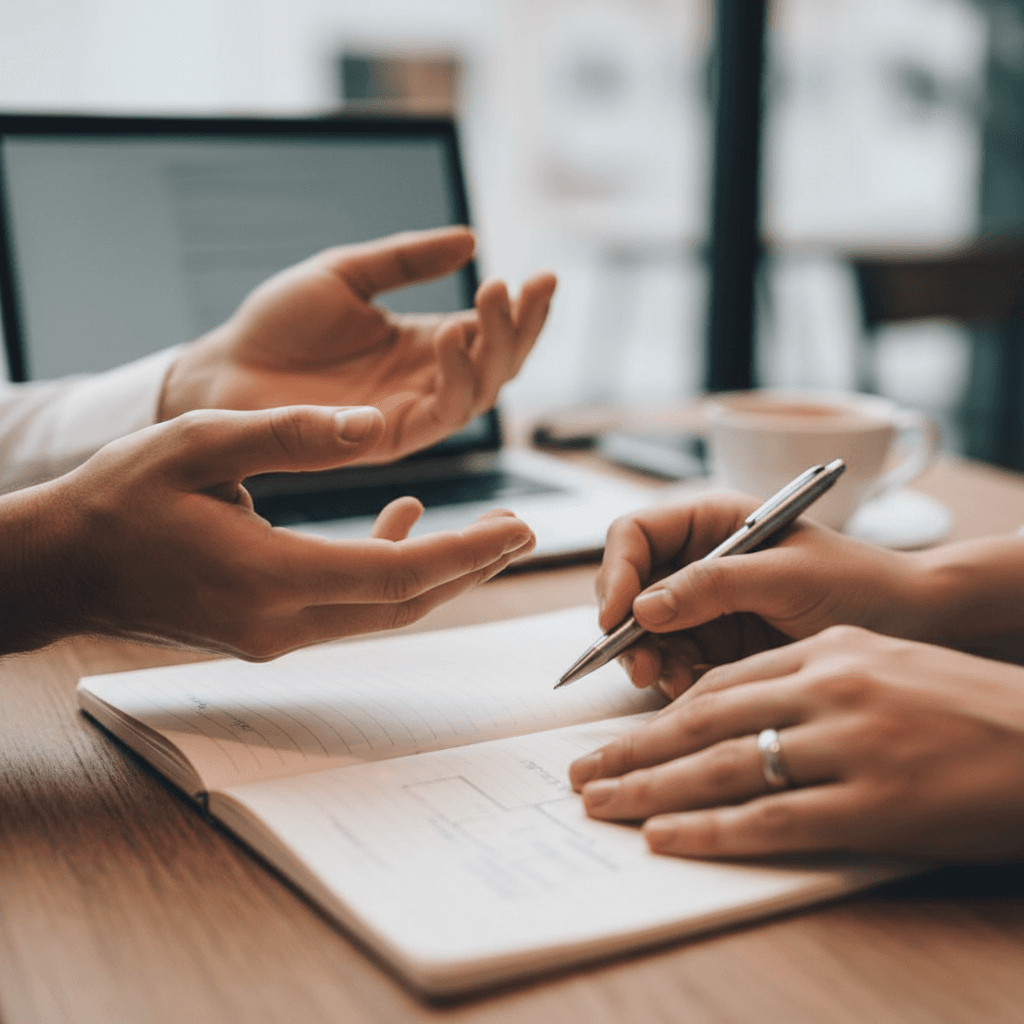 Hands gesturing during a discussion with a notepad nearby