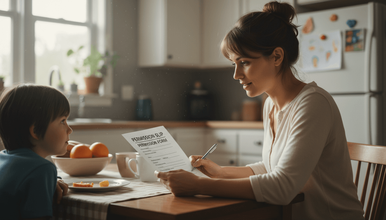 Parent reading a permission slip at a kitchen table with natural light