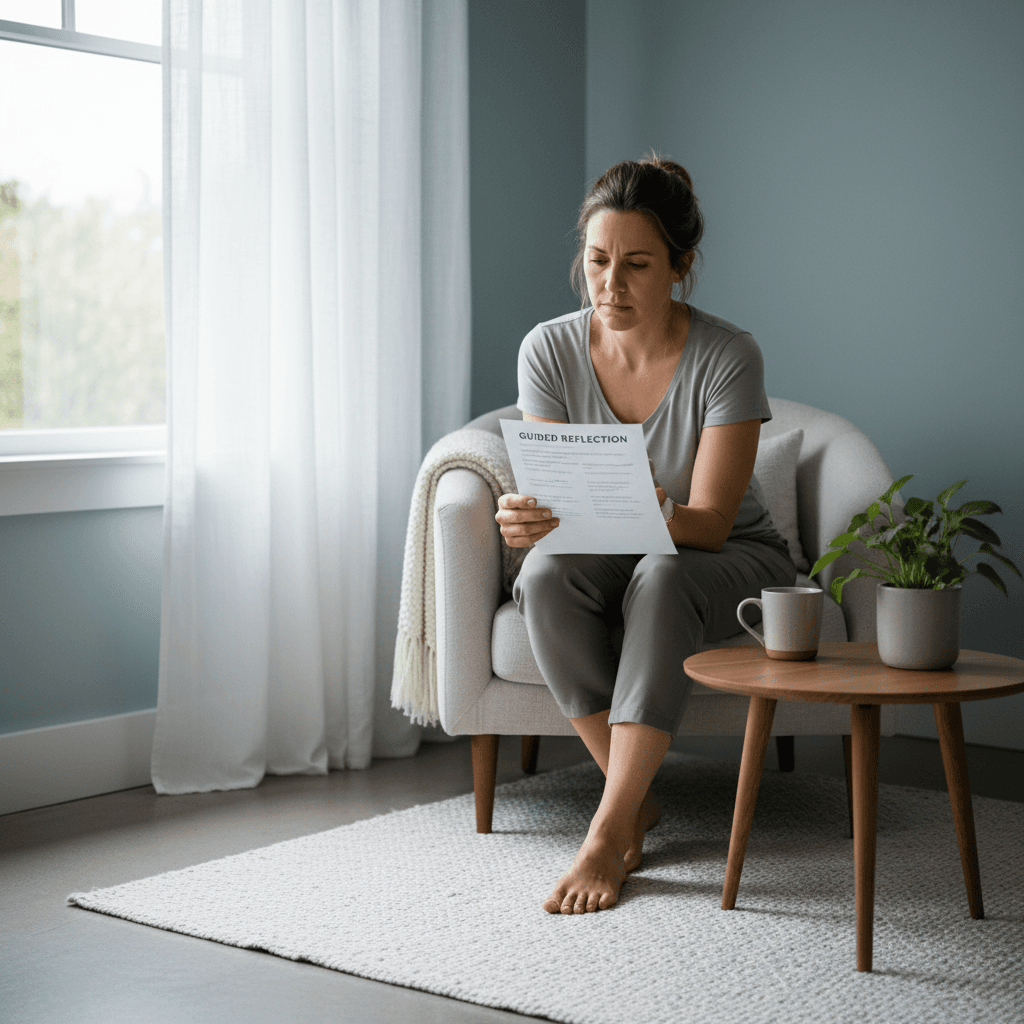Parent holding a guided reflection worksheet for parenting coordination