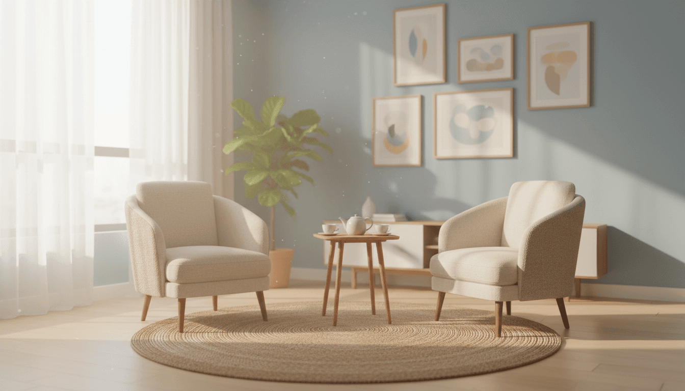 Quiet living room with two armchairs facing each other in warm natural light