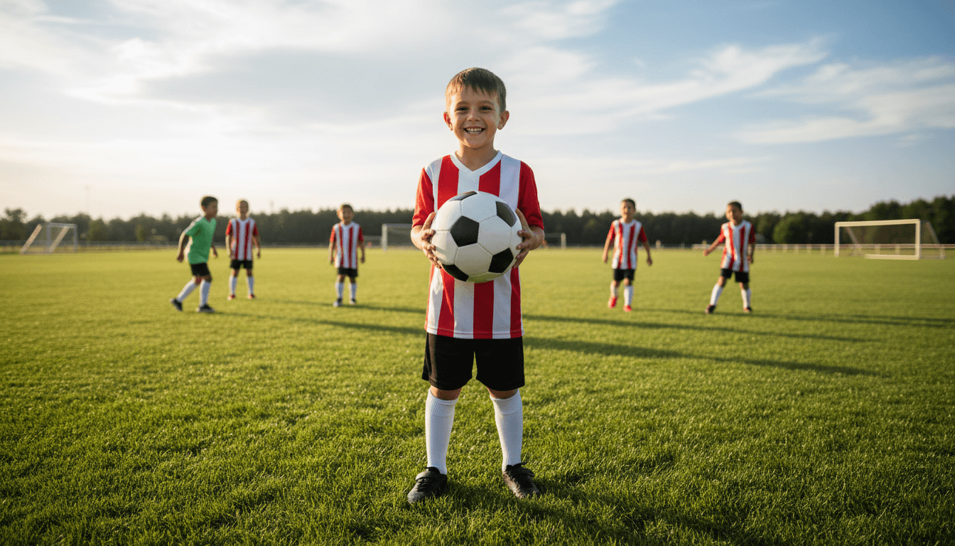 Happy child holding soccer ball on field