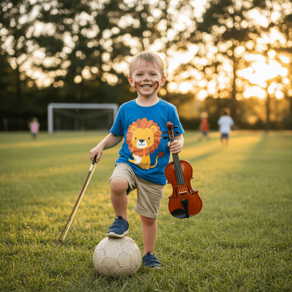 Happy child holding a soccer ball in a grassy field with natural light