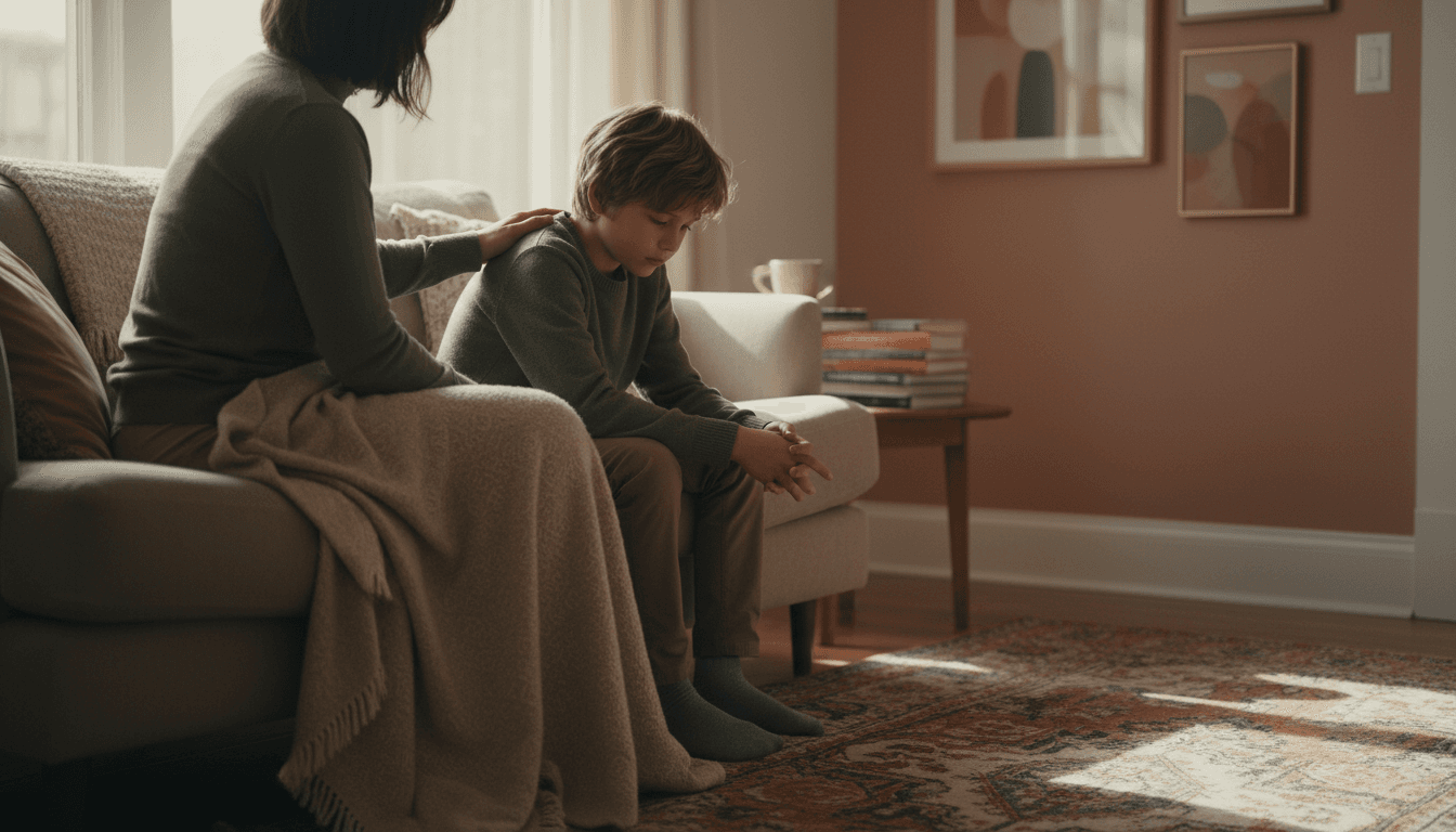 Parent gently comforting a child during a quiet moment of emotional reflection