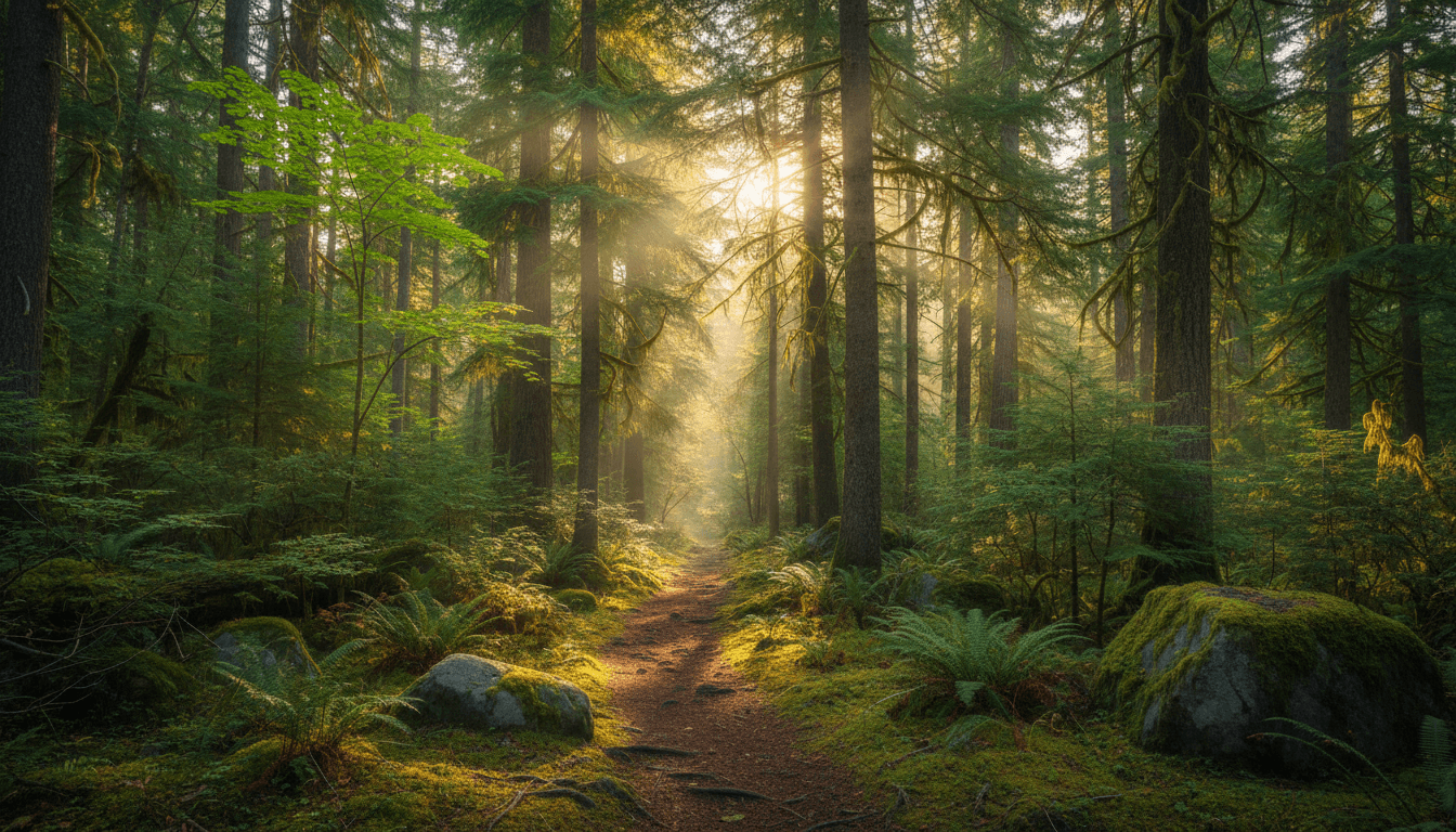 Sunlit forest path with tall green trees and soft natural light creating a calm atmosphere