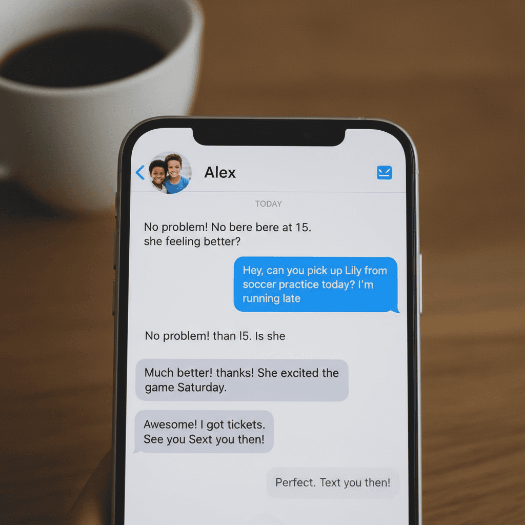Smartphone screen displaying a calm text message thread about practice pickup