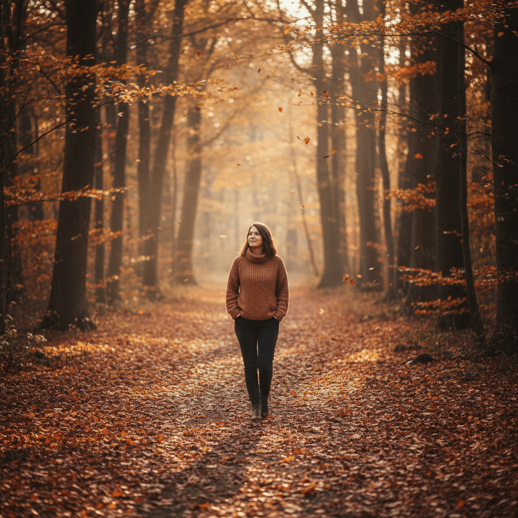 Person walking slowly on tree-lined path