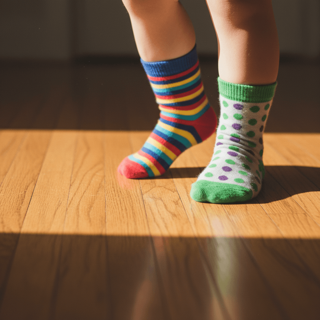 Child feet in mismatched socks