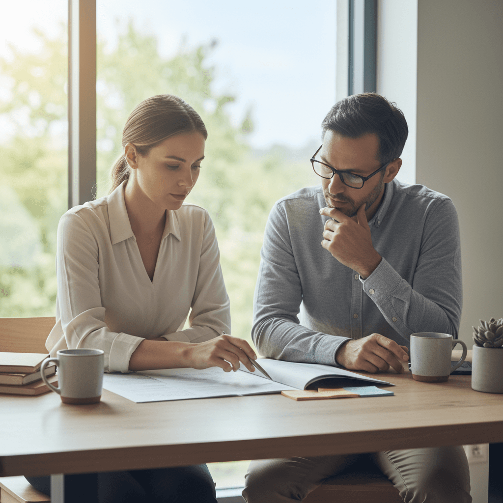 Two people reviewing a parenting plan document