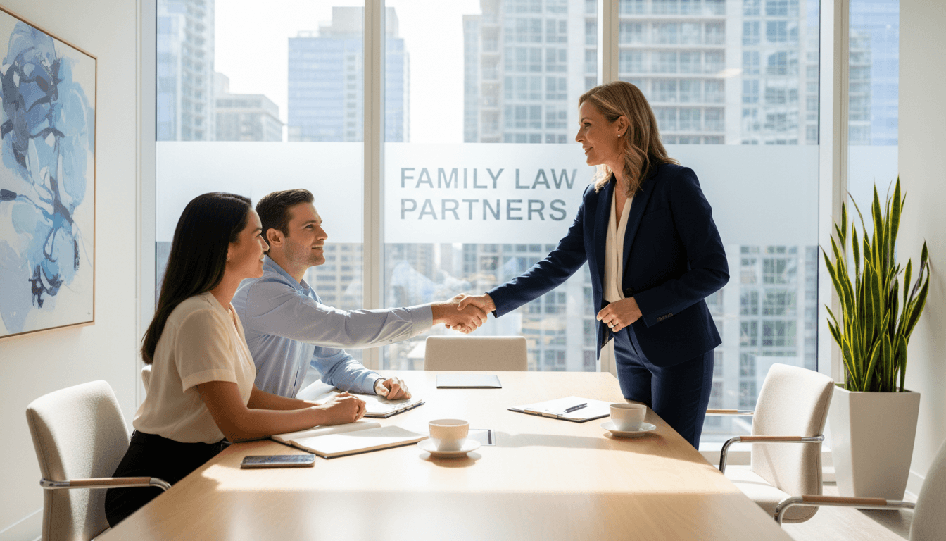 Professional family lawyer meeting with parents in a bright modern office