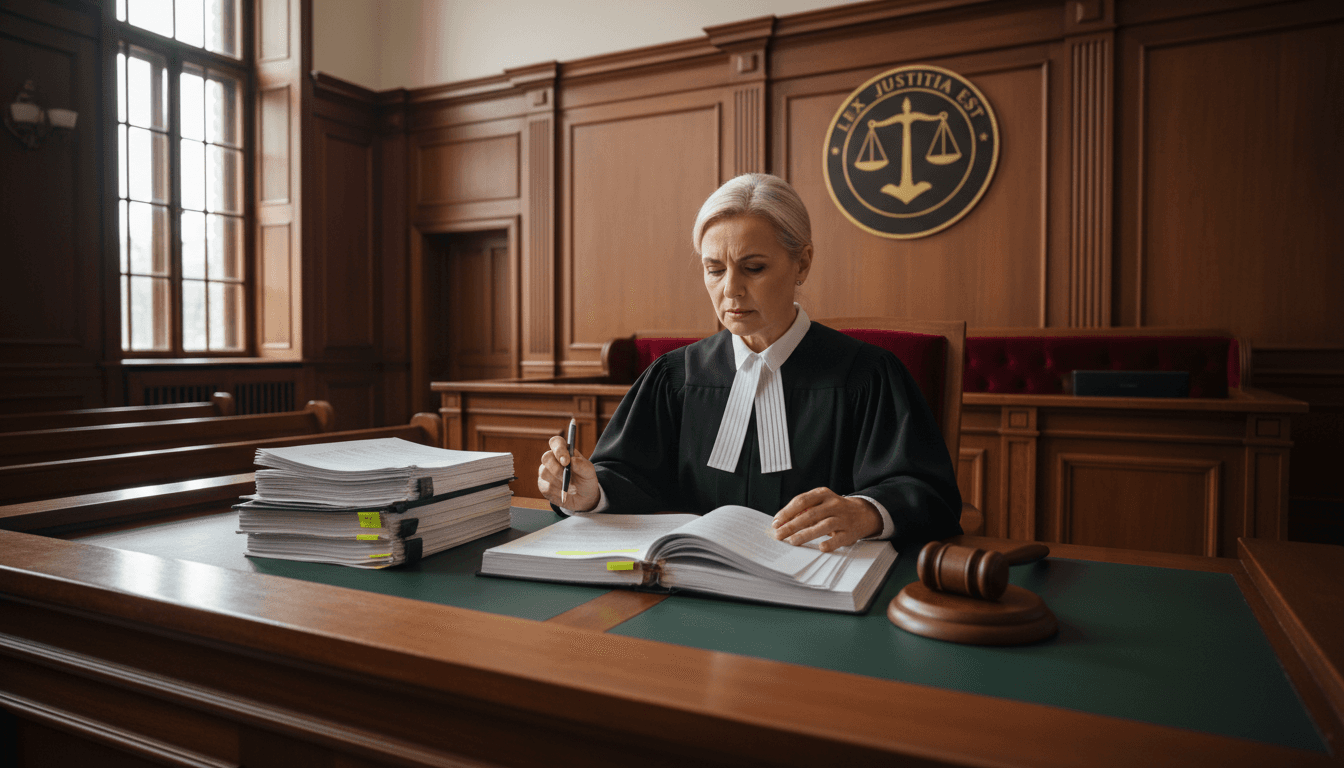 Judge reviewing legal documents in courtroom