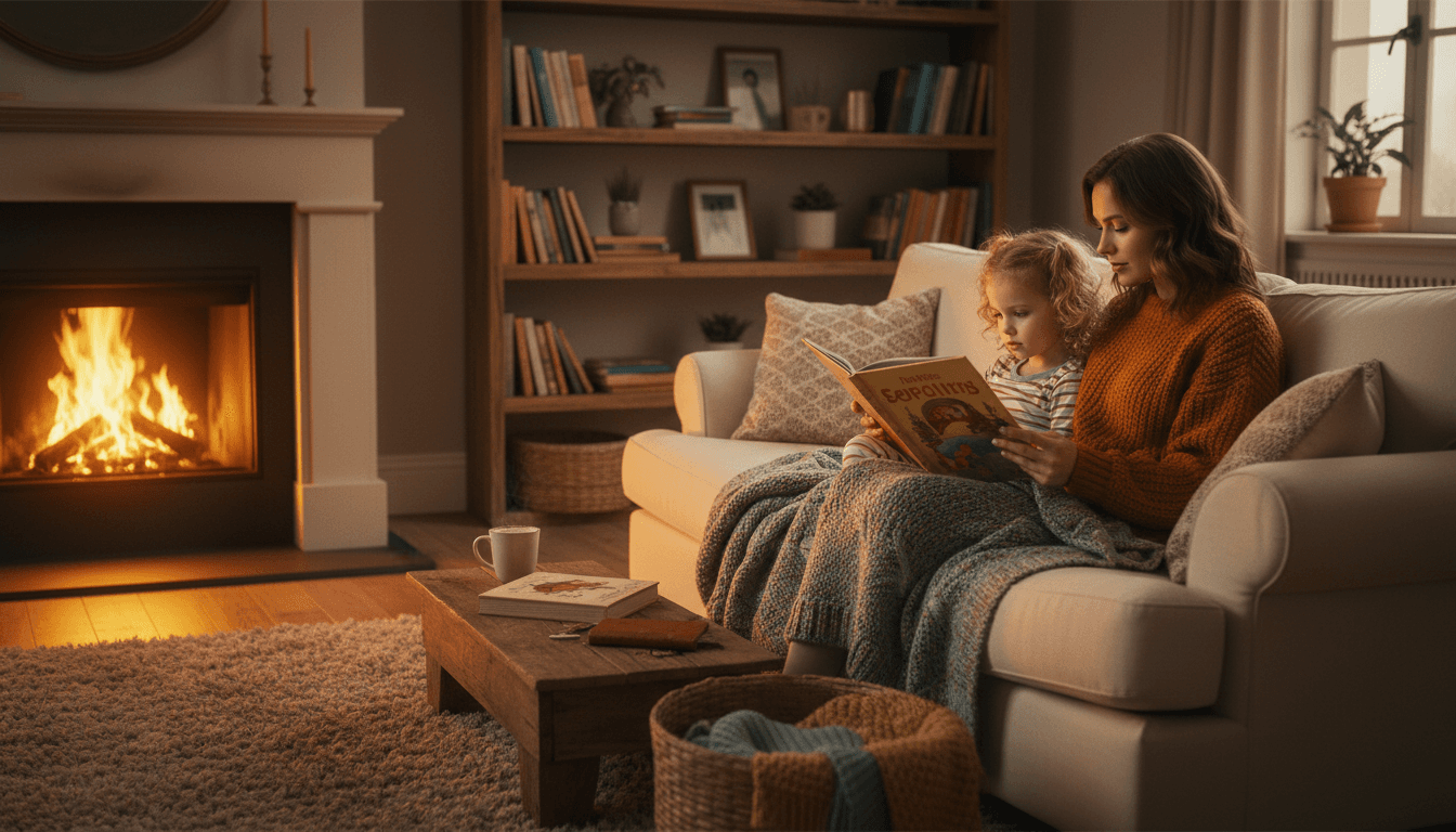 Parent and child looking at a book together in a warm cozy living room