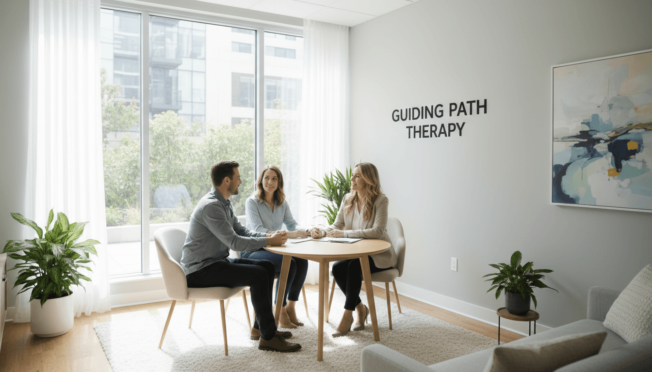 Parenting coordinator meeting with separated parents in a bright office