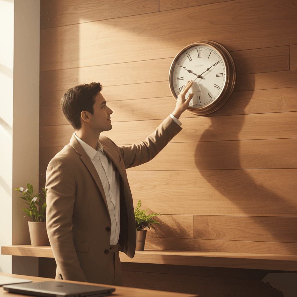 Person checking a wall clock in a tidy office