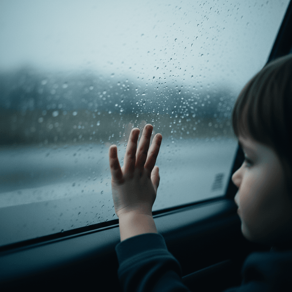 Child's hand on a car window, silent observation