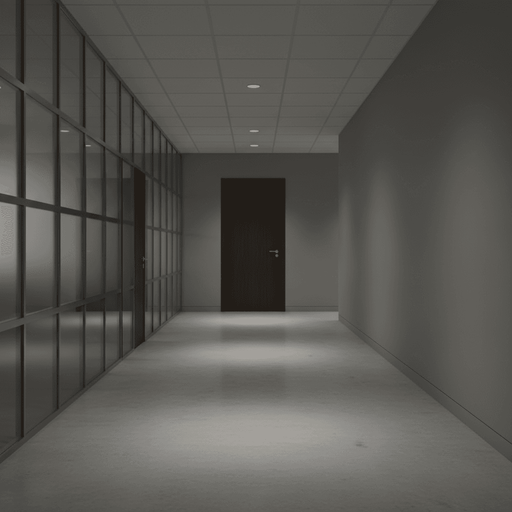 Closed door at the end of a quiet hallway in a professional building