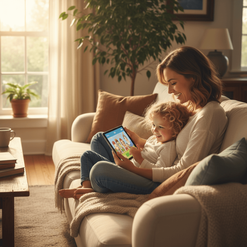 Parent and child using a tablet