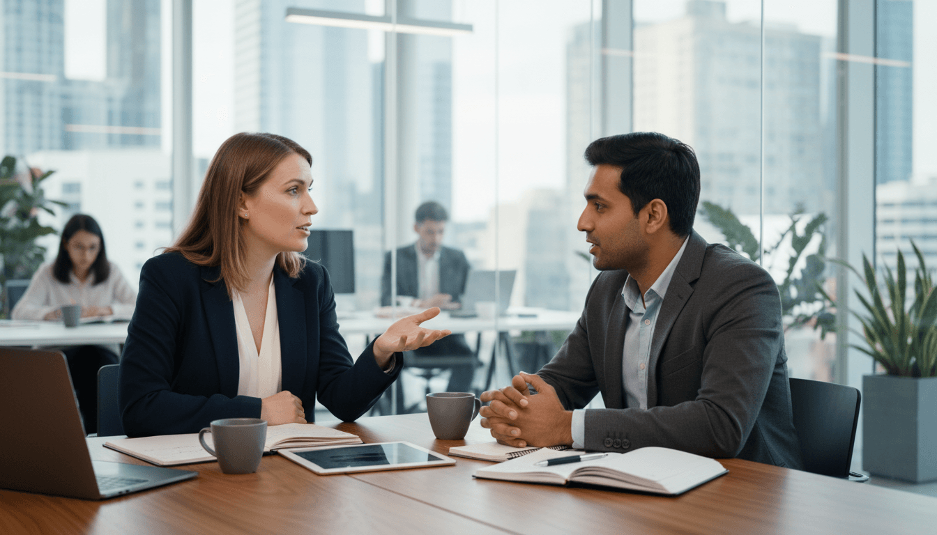 Two people in constructive discussion at a table