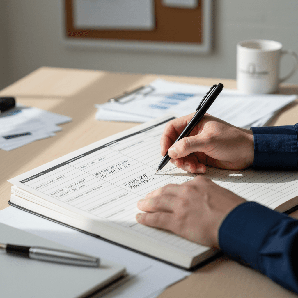 Close-up of a practitioner writing detailed notes on a plan