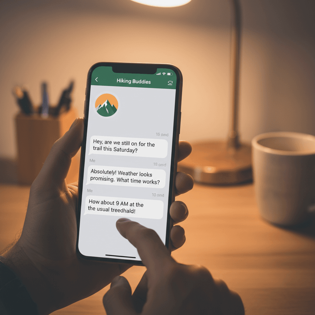 Hand holding a smartphone with a messaging app open