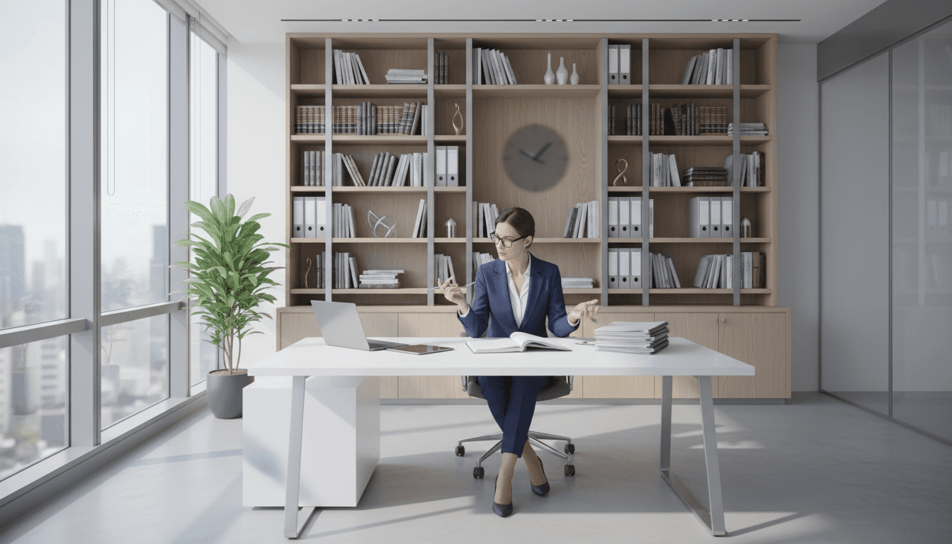 Professional lawyer reviewing documents in a modern bright office
