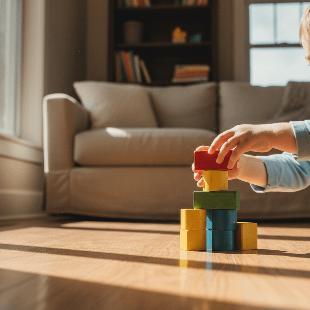 Child's hands stacking wooden blocks on a sunlit floor