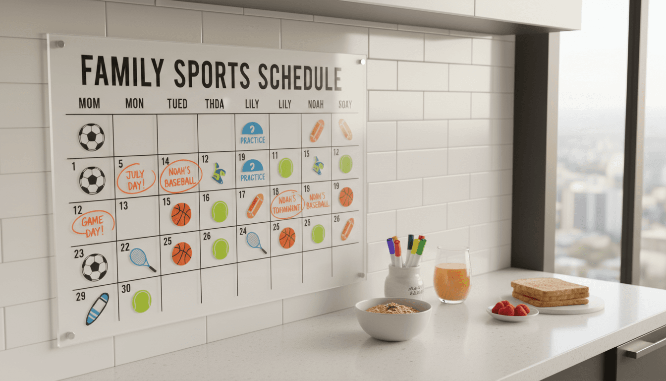 Family calendar with sports activities and highlighted dates on a modern kitchen counter