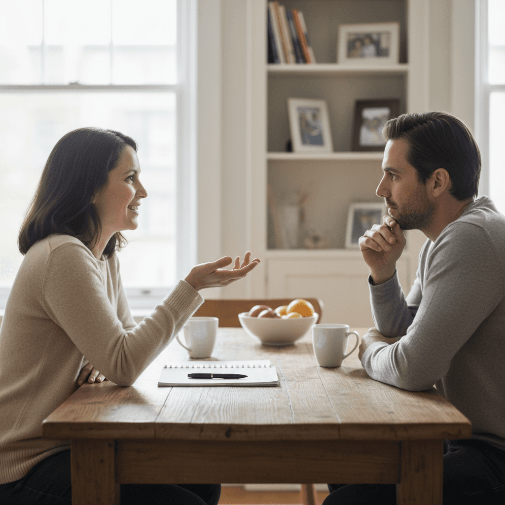 Two parents having a focused meeting at a table with a notepad