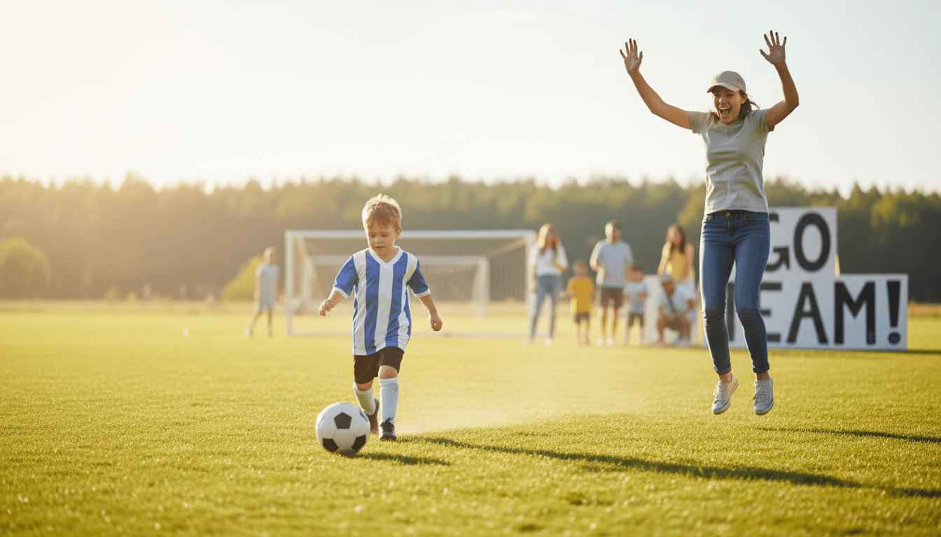 Child in soccer uniform with parent cheering on sidelines at outdoor field with sunlight