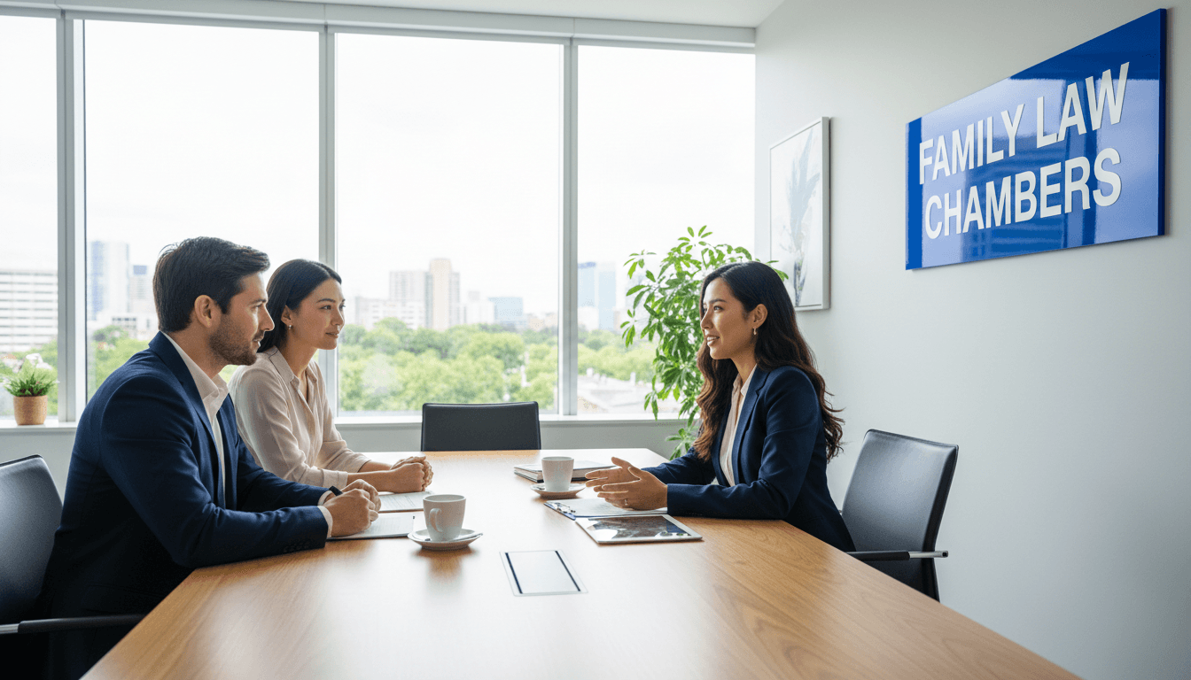 Family law lawyer consulting with clients in a bright professional office