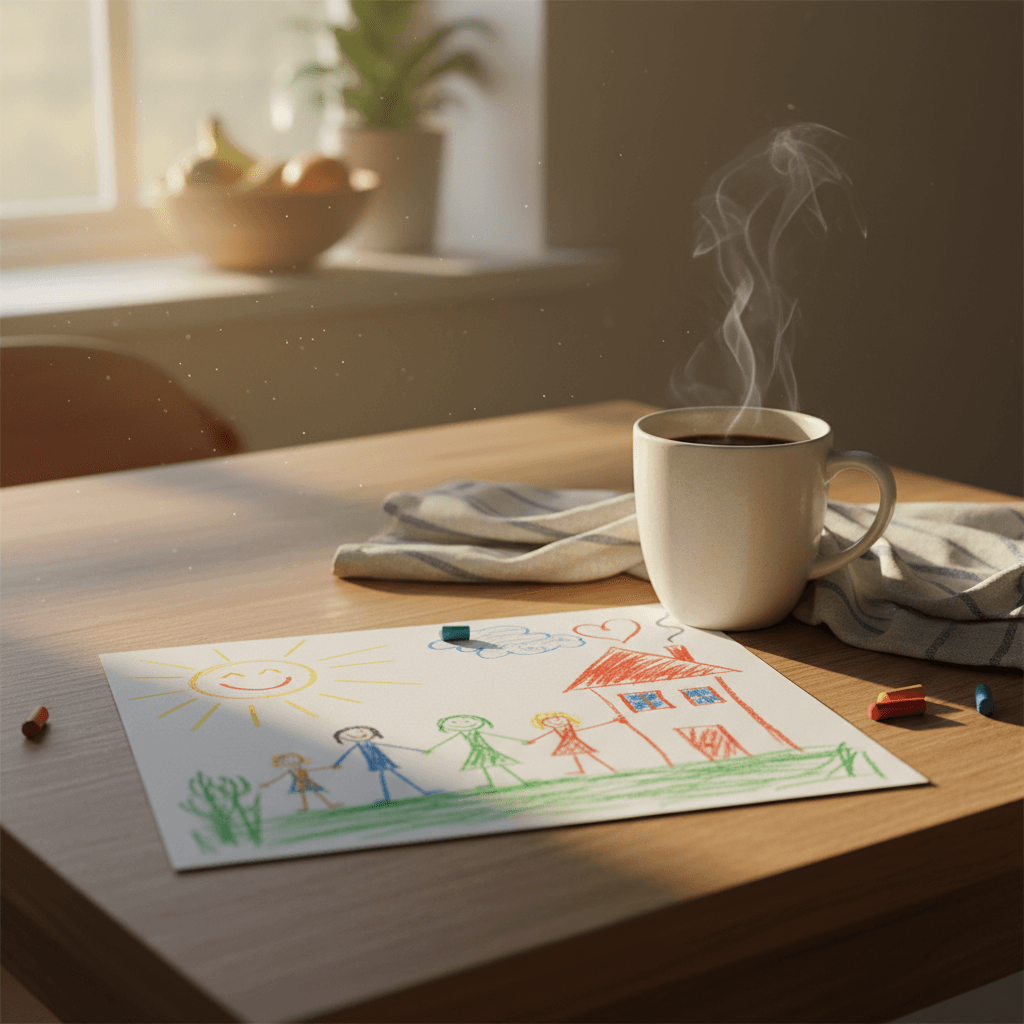 Child's drawing on a table beside a coffee mug