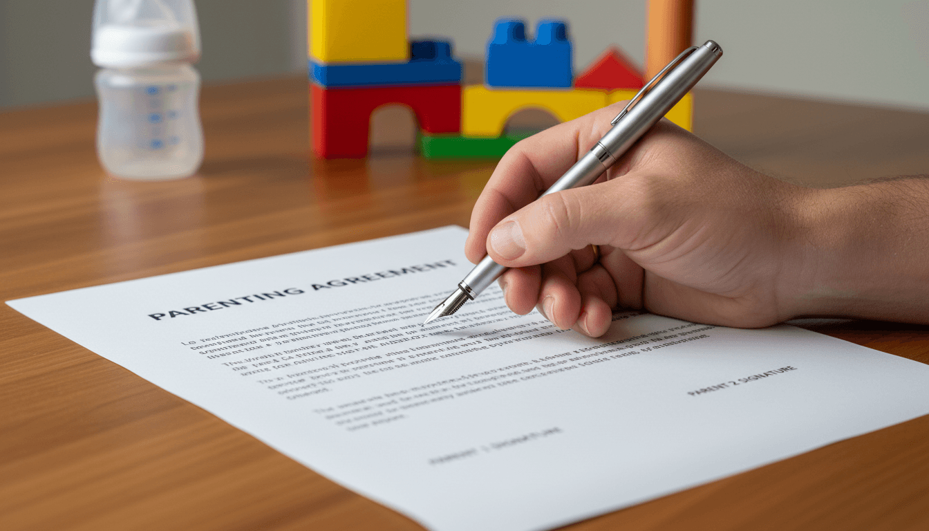 A hand holding a pen over a parenting agreement document on a wooden table