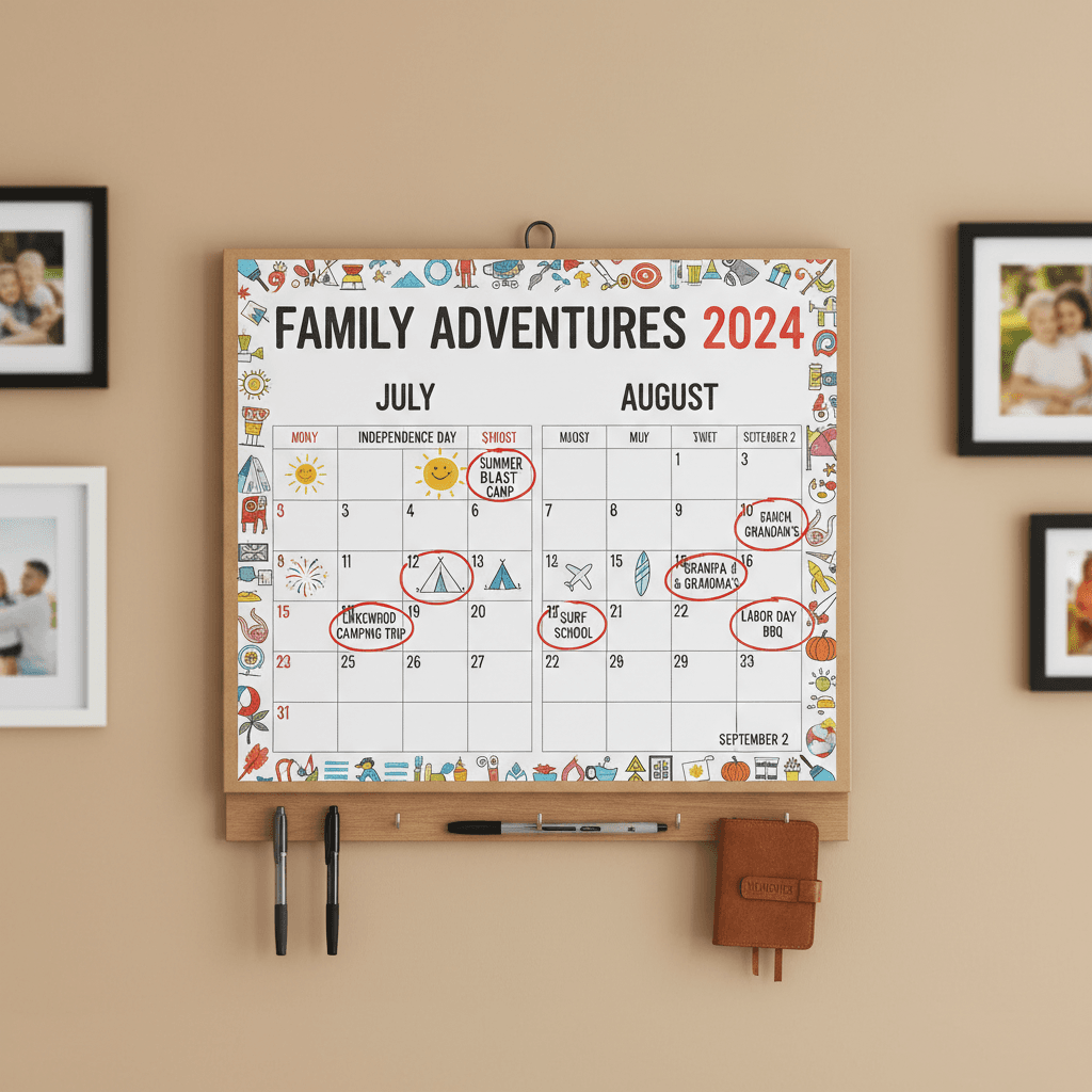 Large wall calendar showing summer camp and holiday activity blocks