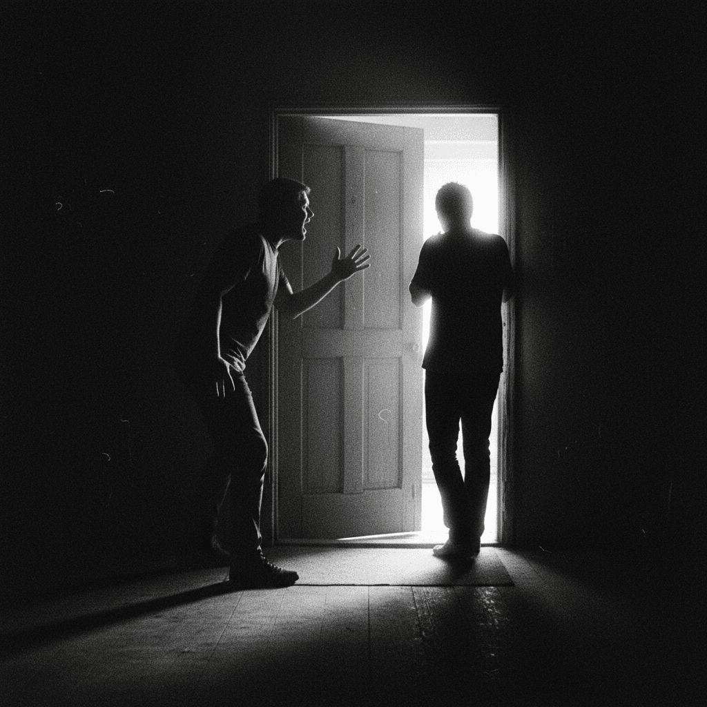 Silhouetted figures arguing through a doorway