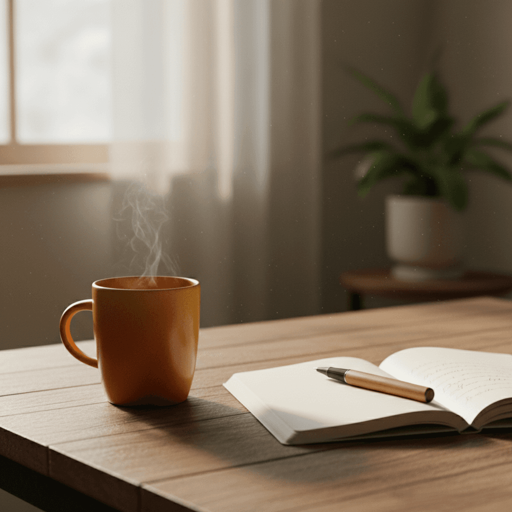 Coffee mug and notebook on table