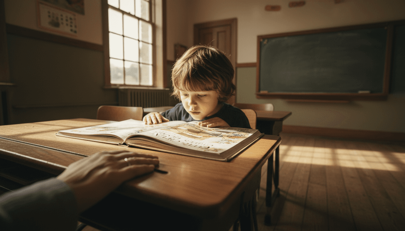 Child sitting at a desk in a bright classroom, hand of a parent visible in the foreground