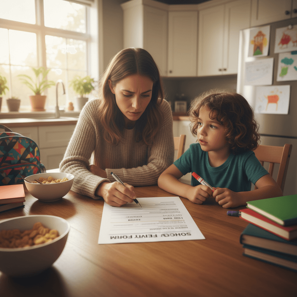 Parent reviewing a registration form and budget sheet at a kitchen table