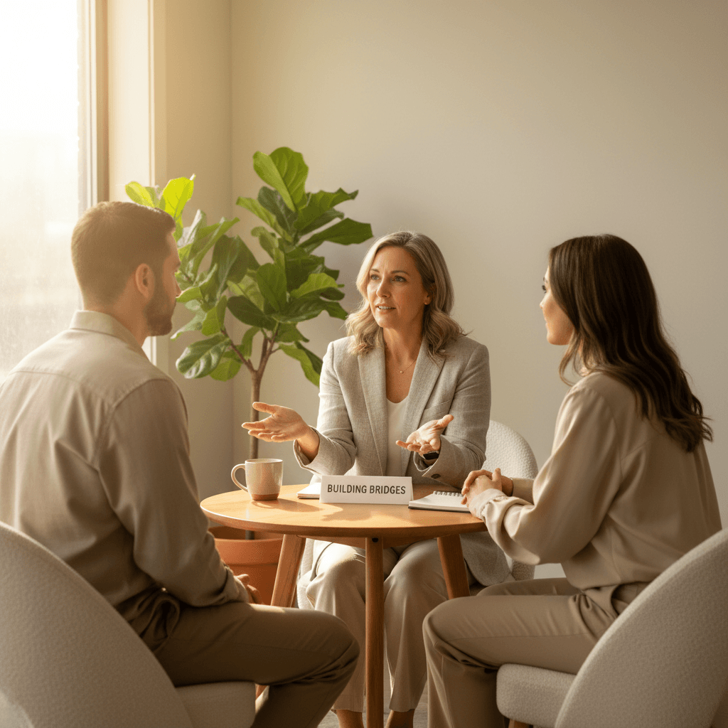 Parenting coordinator mediating a discussion between parents at a table