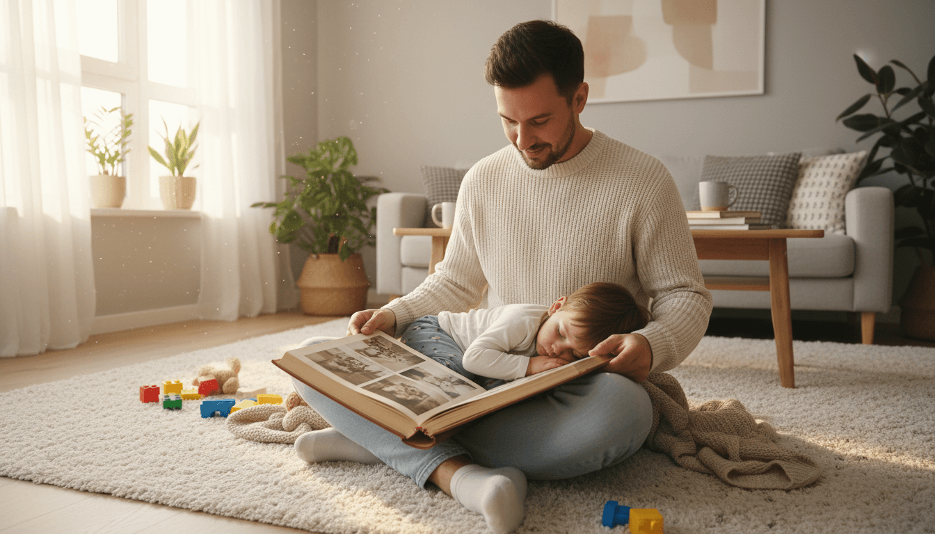 Parent looking at a photo album on a living room floor