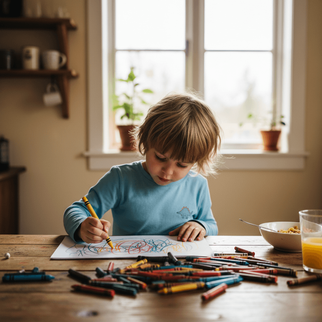 Child drawing at a kitchen table, absorbed in the activity