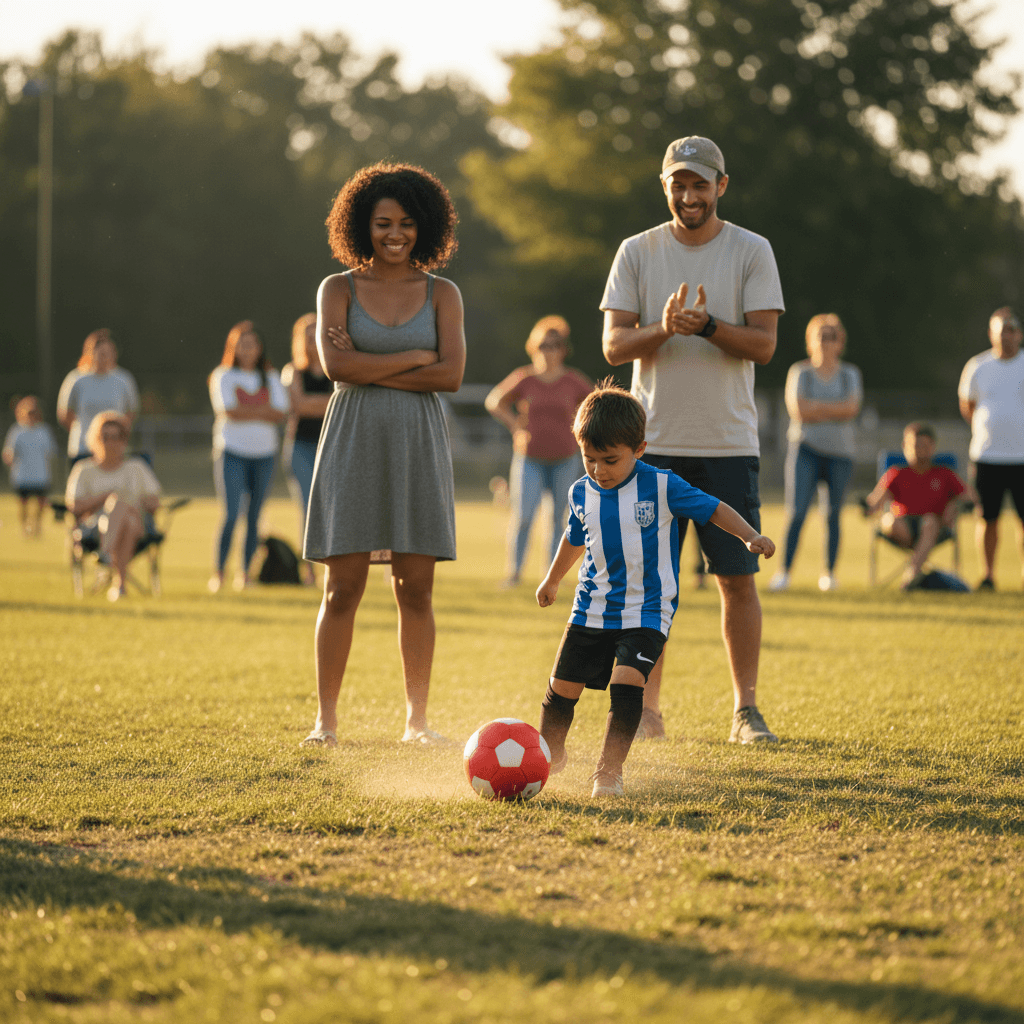 Child playing soccer with two watching parents in the background