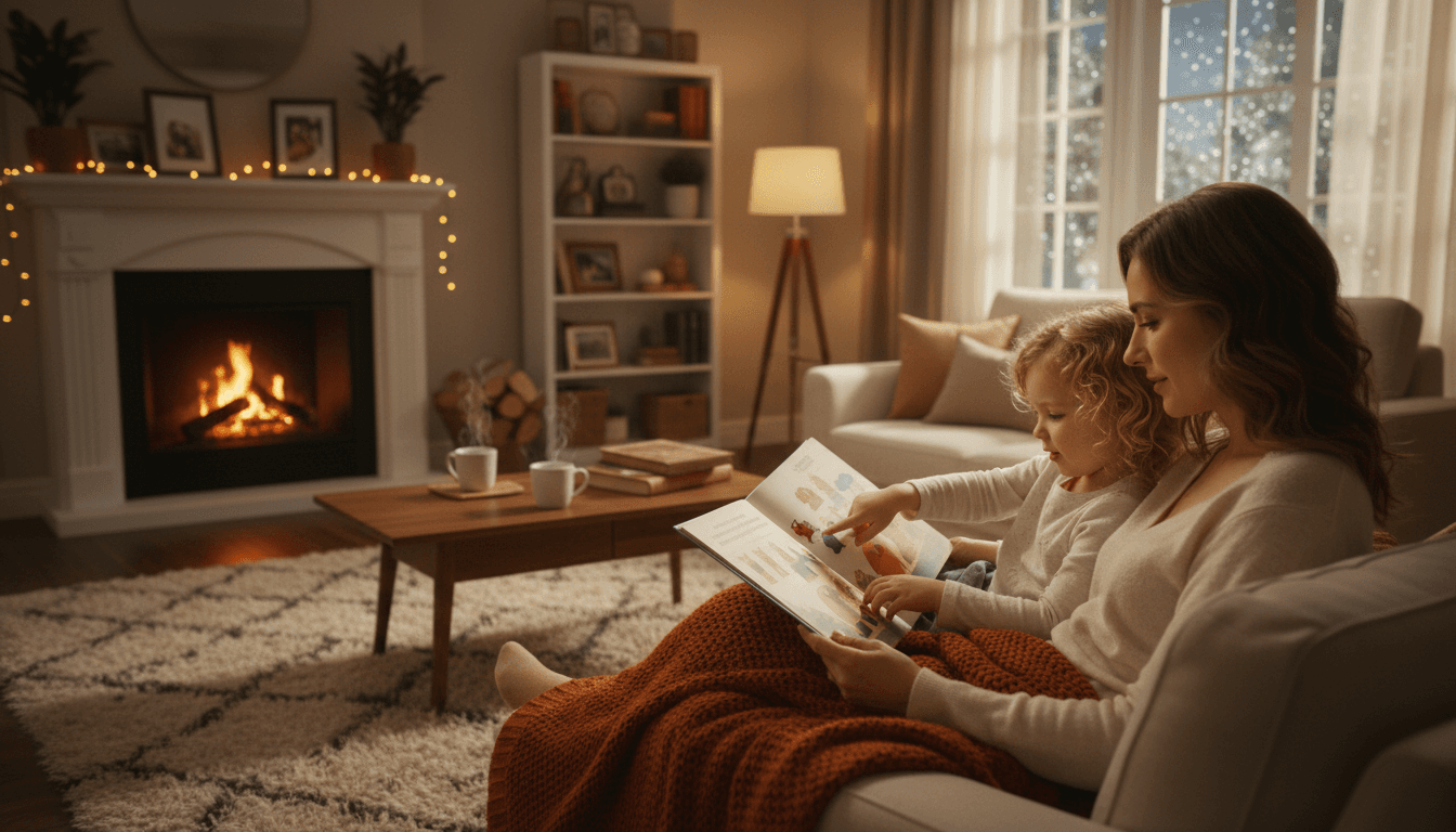 Parent and child looking at a book together in a warm cozy living room
