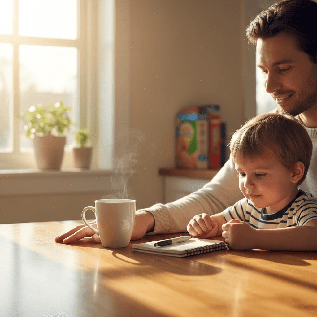 Parent and child at a kitchen table in morning light