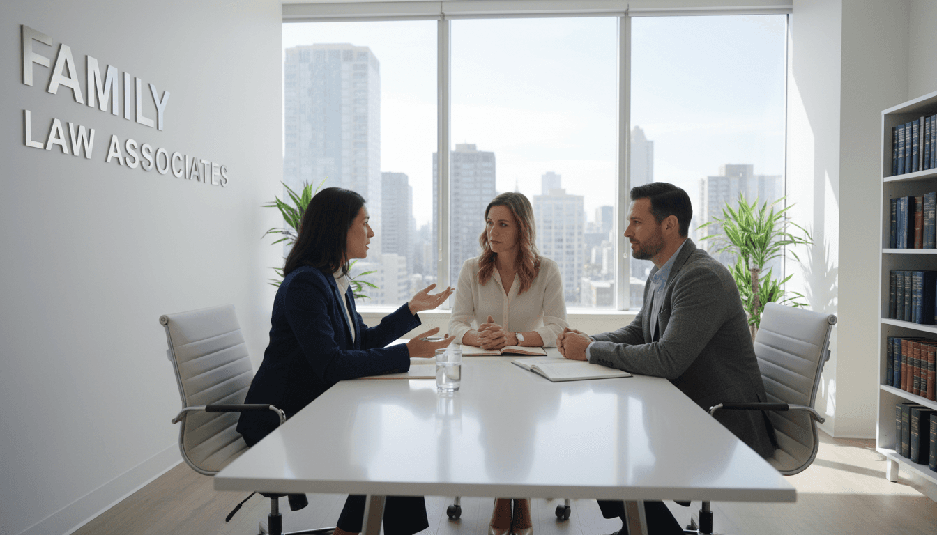 Family law professional meeting with clients in a bright modern law office
